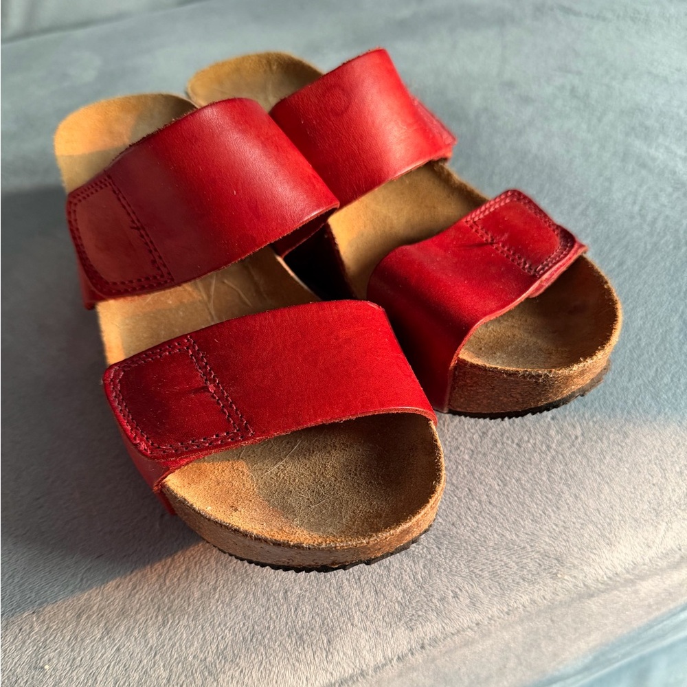 Dansko Red Leather Double-Strap Slide Sandals